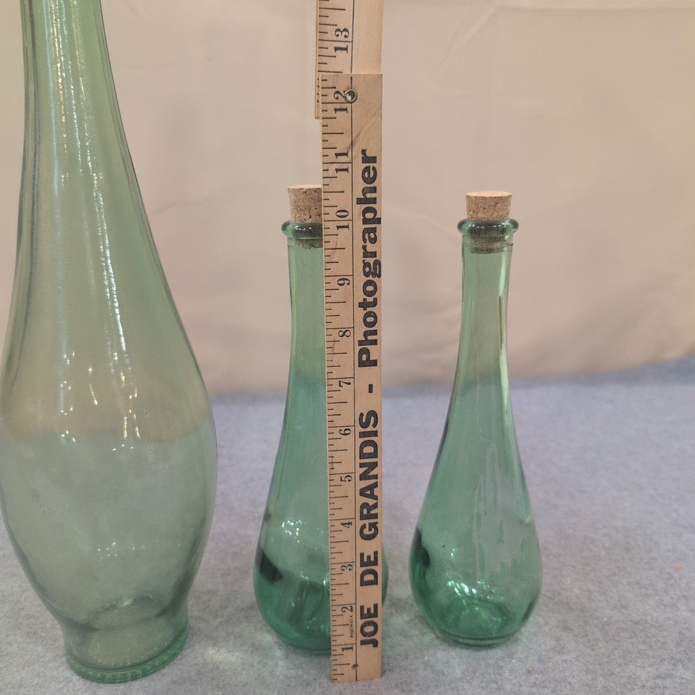 Vintage Green Glass Vase and Bottle Set 3 Piece Teardrop Decor with Corks - Picture 3 of 3